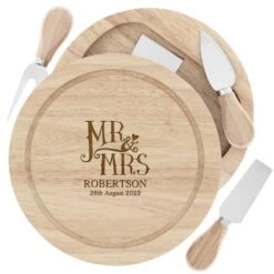 Engraved Dotty Mr And Mrs Wooden Cheeseboard Set