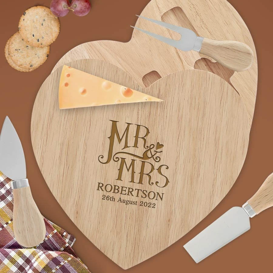 Engraved Dotty Mr And Mrs Wooden Heart Cheeseboard Set 4 Engraved Dotty Mr And Mrs Wooden Heart Cheeseboard Set - Image 2