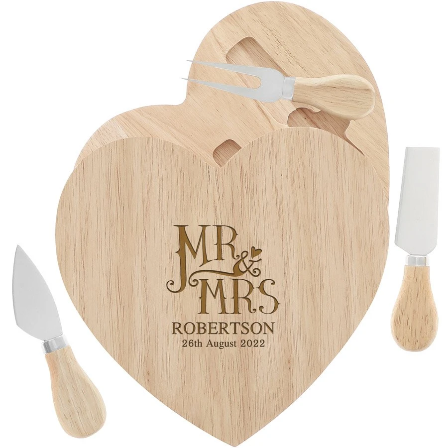 Engraved Dotty Mr And Mrs Wooden Heart Cheeseboard Set 3 Engraved Dotty Mr And Mrs Wooden Heart Cheeseboard Set