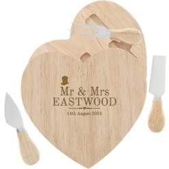 Engraved Mr And Mrs Heart Cheese Board Set - Decorative Wedding