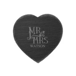 Personalised Dotty Mr And Mrs Slate Heart Coaster Set